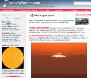 Example of the homepage for the aurora forecast website spaceweather.com